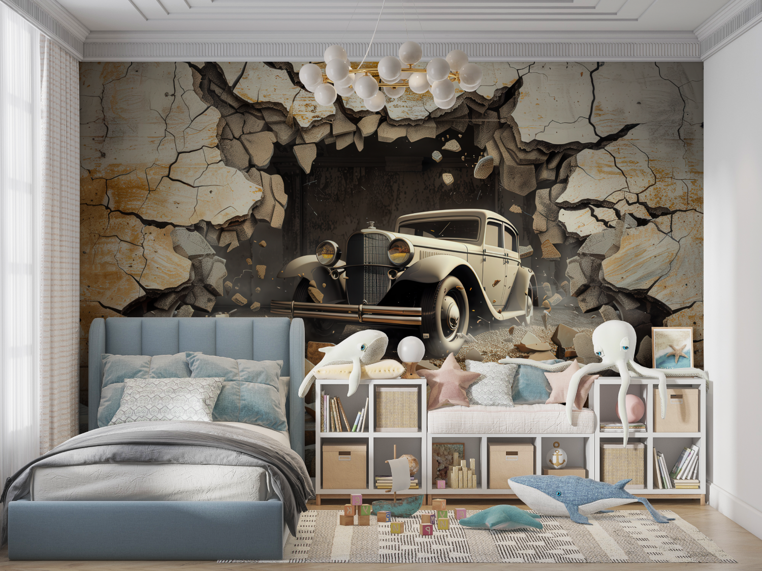 Papier peint trompe loeil voiture panoramique garcon