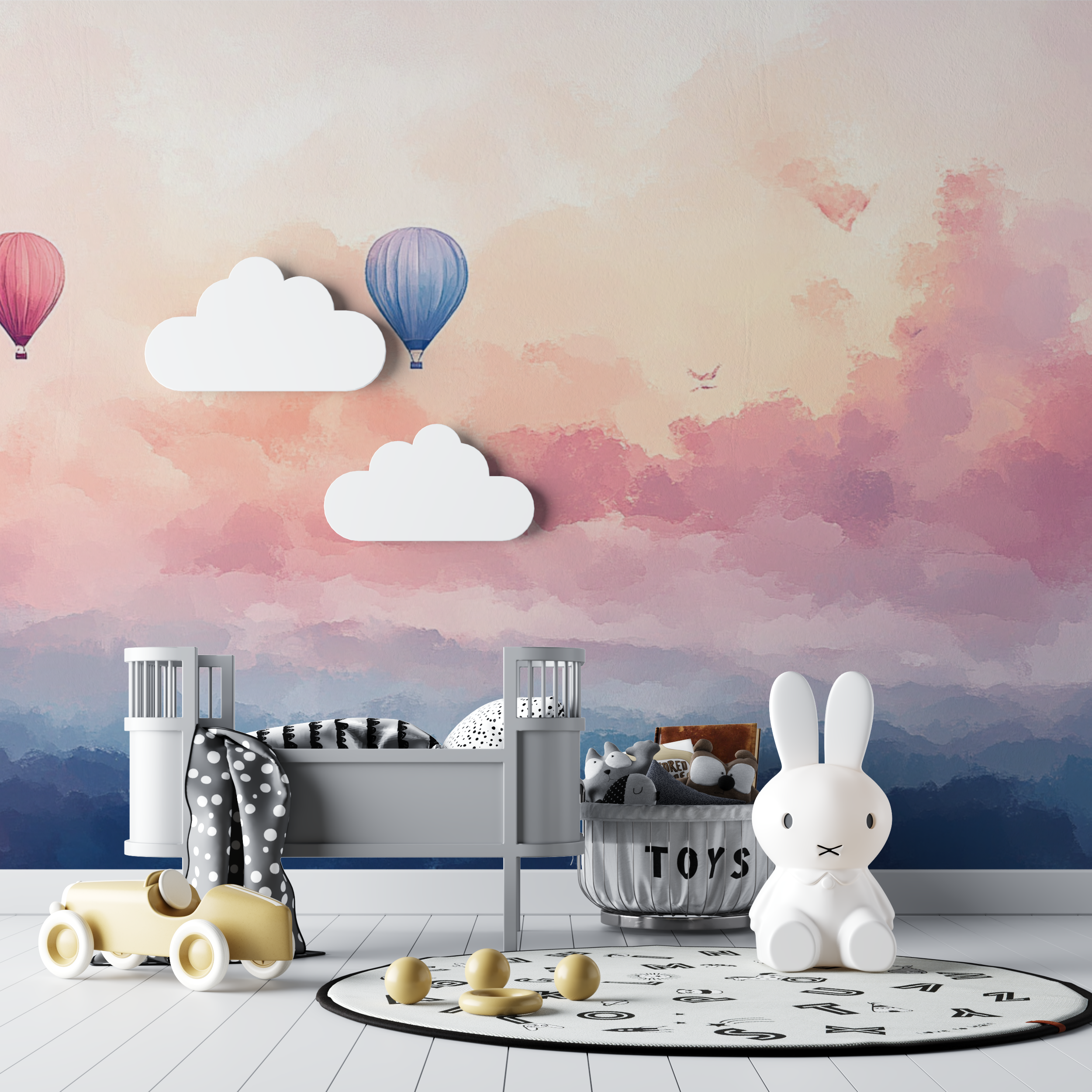 Papier peint montgolfiere et ci...oucher de soleil bebe tipi