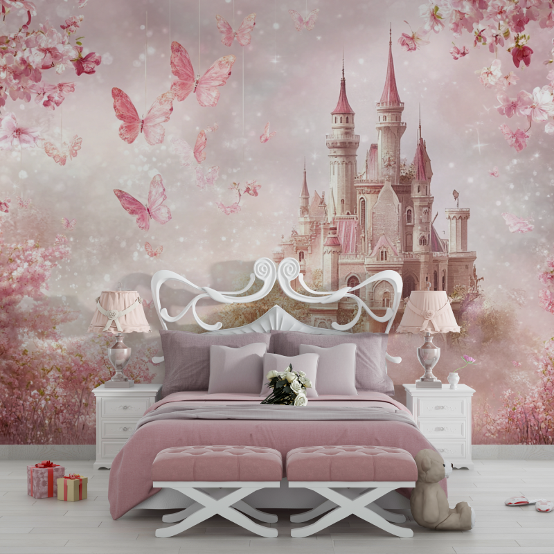 Papier peint princesse ciel fleuri et chateau chambre filles