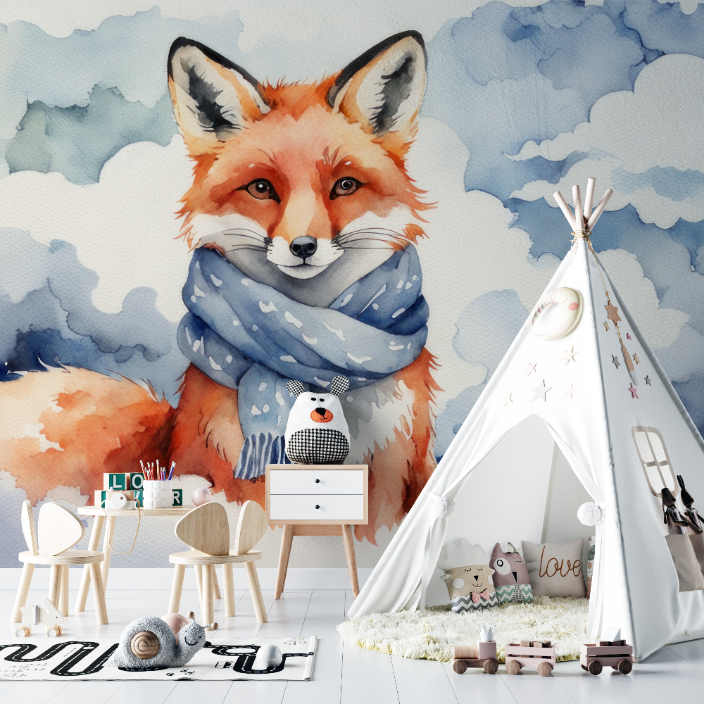 Papier peint renard pastel bleu chambre bebe
