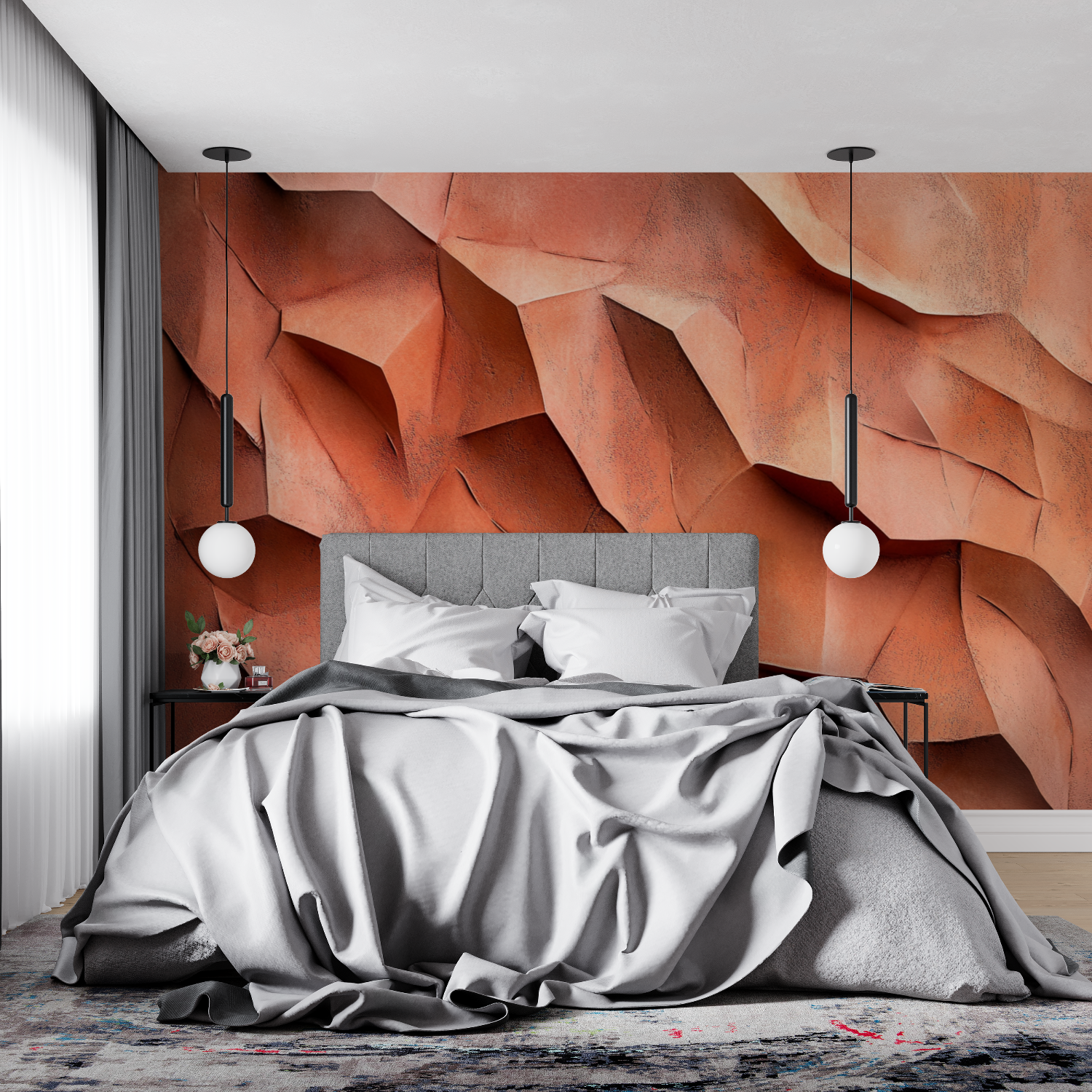 Papier peint terracotta effet platre sculpte 4murs