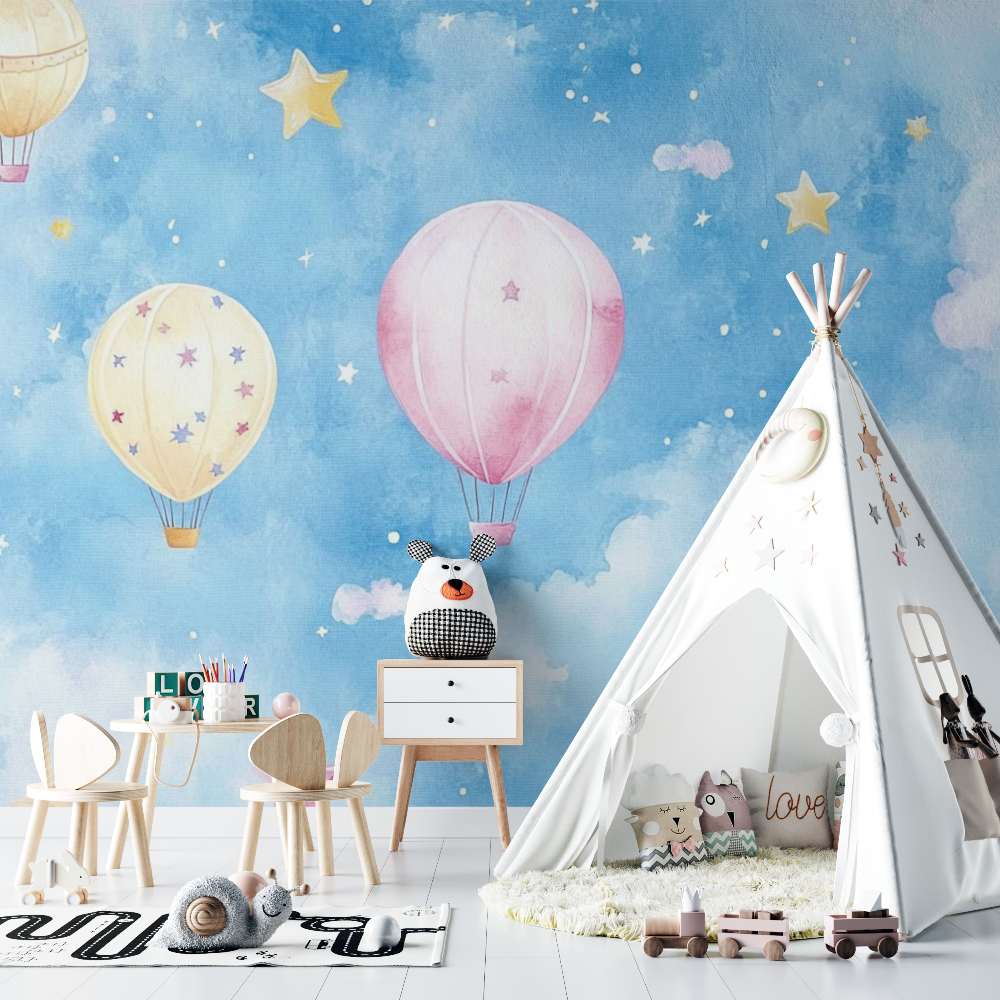 Papier peint montgolfiere et et... multicolores chambre bebe