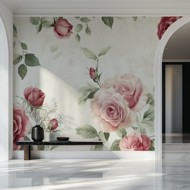 Papier peint fleur rose pale salon beau