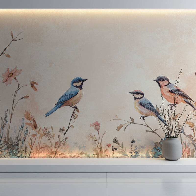 Papier peint vintage fleurs oiseaux mur blanc