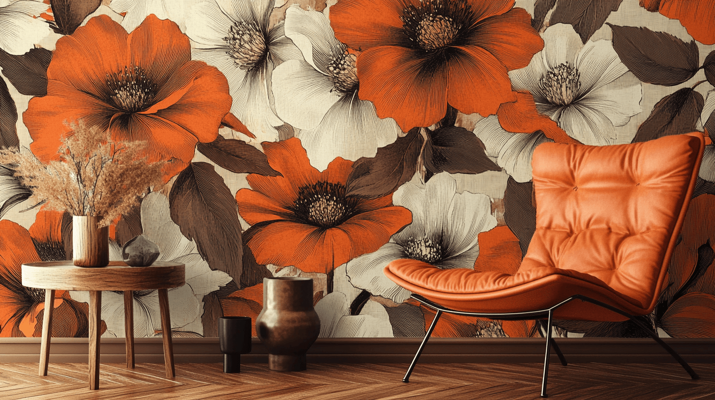 Papier Peint Vintage Fleurs Orange Marron