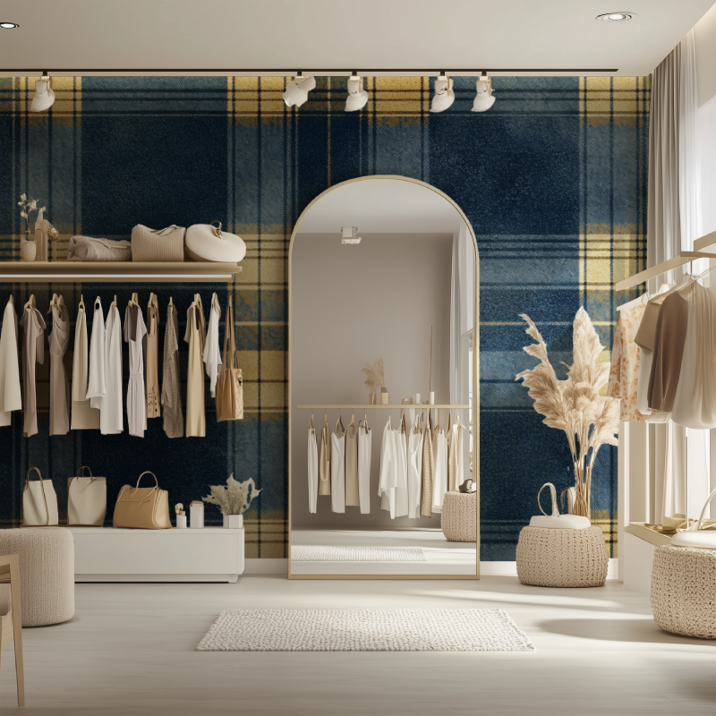 Papier peint vintage tartan bleu jaune dressing