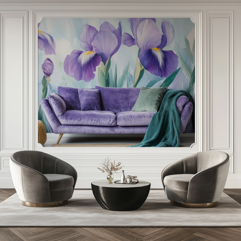 Papier peint fleur iris salon tapis
