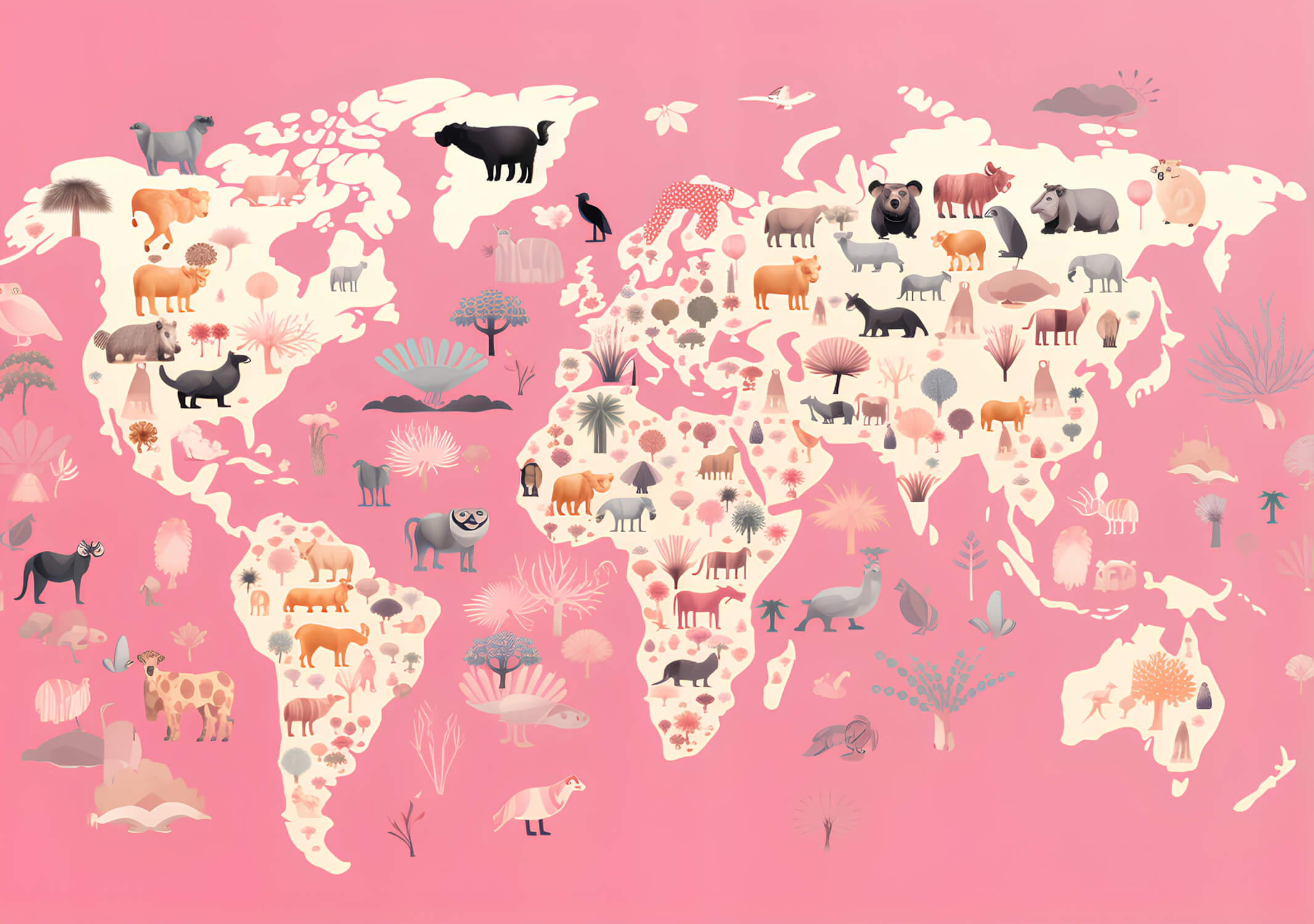 Papier Peint Carte Du Monde Animaux Enfant Rose