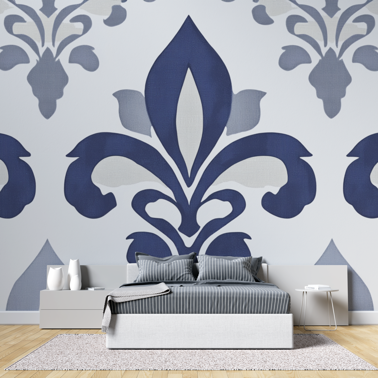 Papier peint fleur de lys bleu gris tete de lit