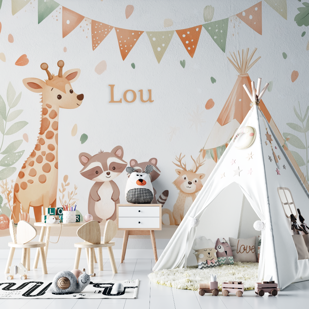 Papier peint prenom animaux tipi chambre bebe