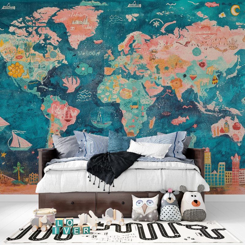 Papier peint pour enfant carte du monde panoramique garcon