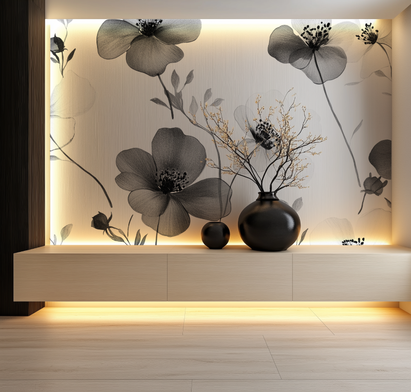 Papier peint fleur epure noir et blanc salon neon