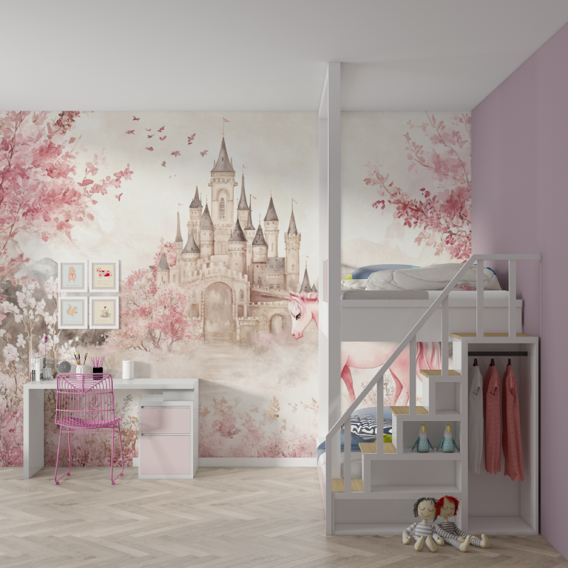 Papier peint princesse chateau et licorne mur chambre fille