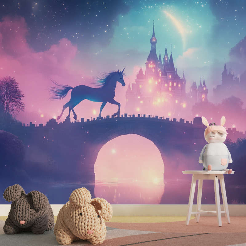 Papier peint licorne arc et chateau tapisserie pour fille