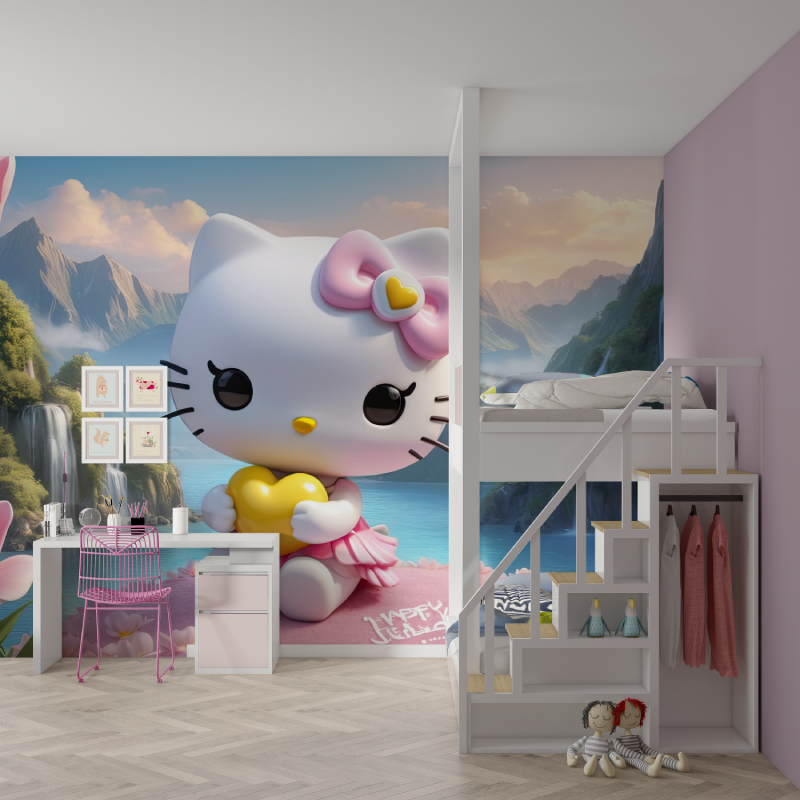 Papier peint hello kitty trompe loeil mur chambre fille