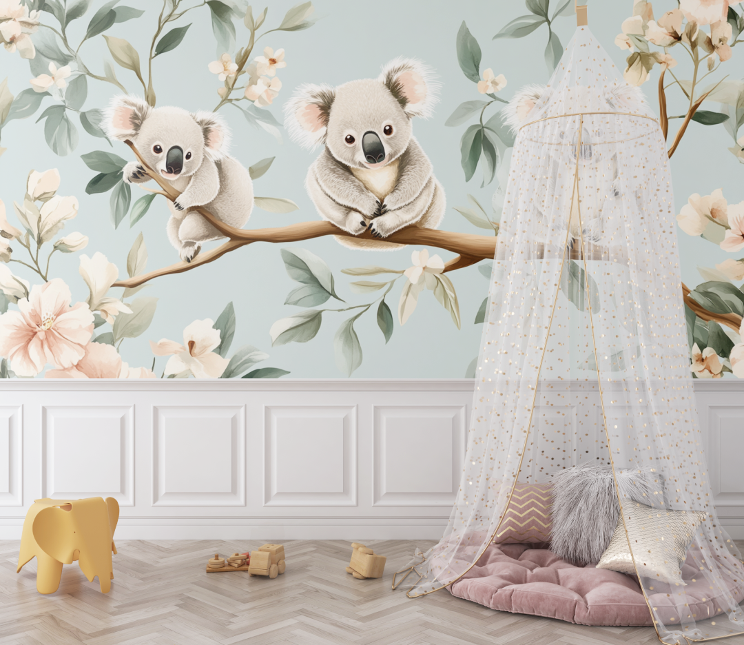 Papier peint koala sur une balancoire florale bebe