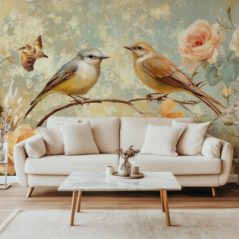 Papier peint vintage fleurs oiseaux canape simple