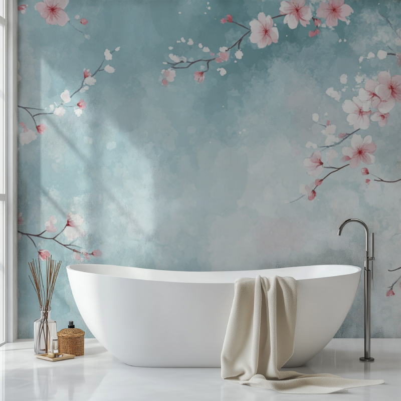 Papier peint fleur cerisier sdb