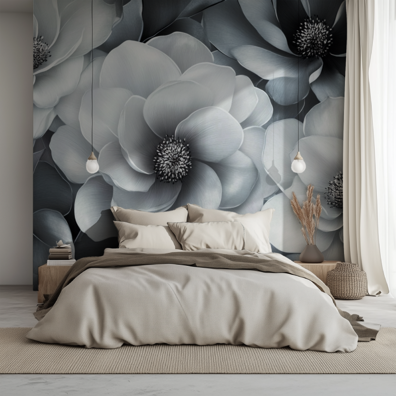 Papier peint fleur gris anthracite noir lit 1234