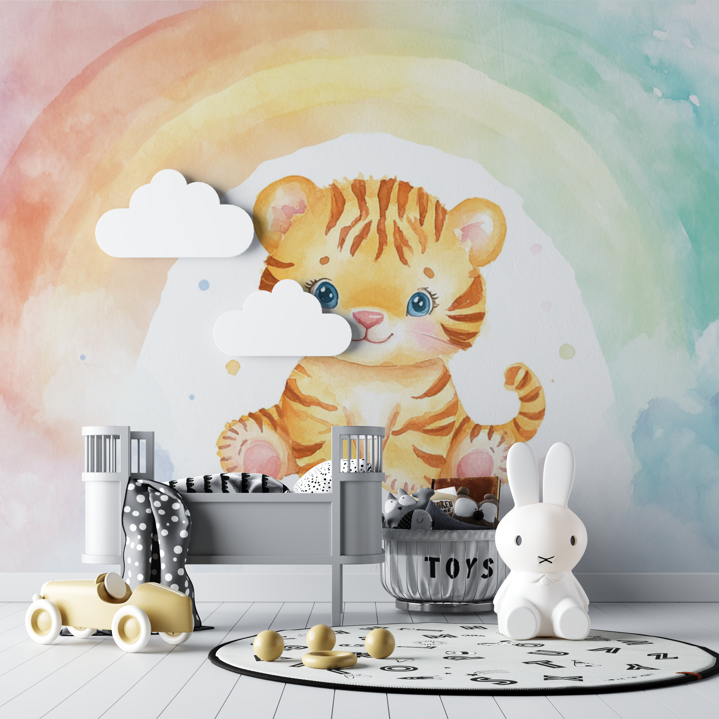 Papier peint tigre arc en ciel bebe tipi