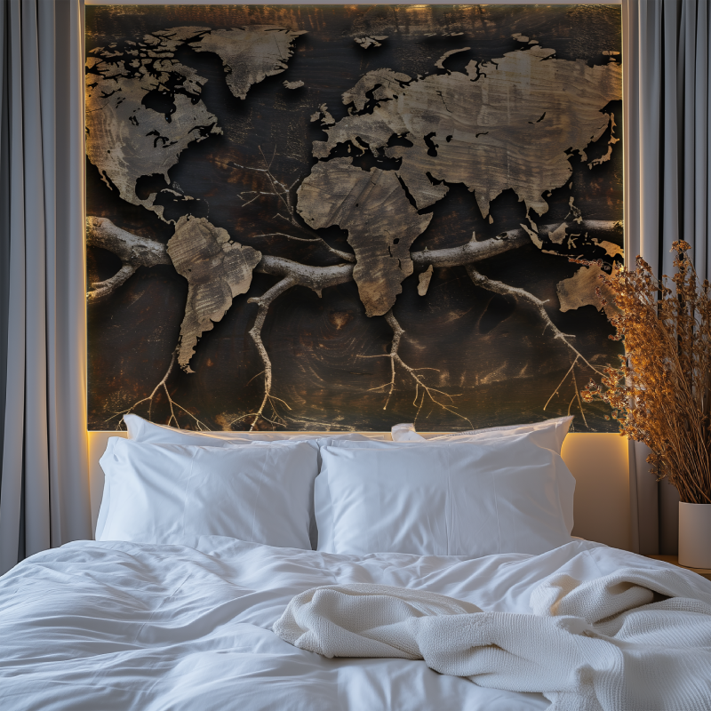 Papier peint carte du monde bois et branche chambre tendanc