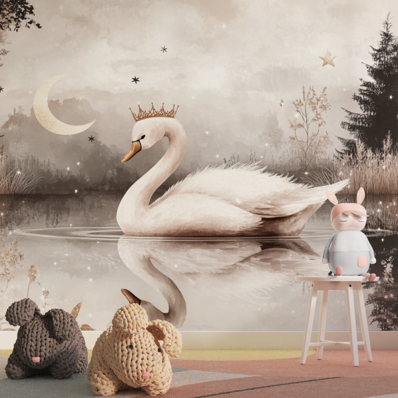 Papier peint princesse cygne rose gris tapisserie pour fille