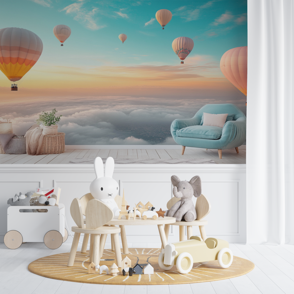 Papier peint montgolfiere et ci...nsoleillee chambre de bebe