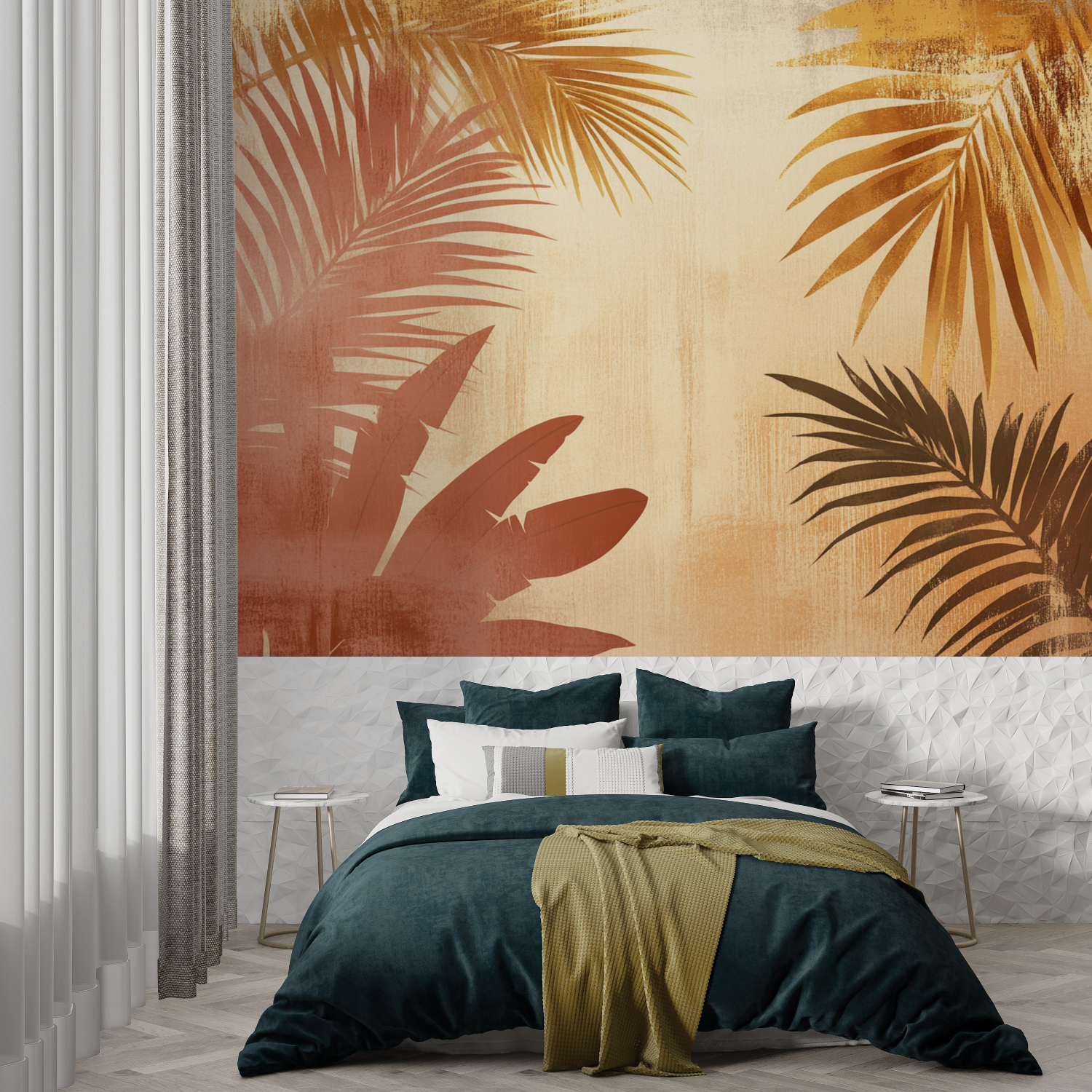 Papier peint terracotta avec palmiers stylises trompe loeil
