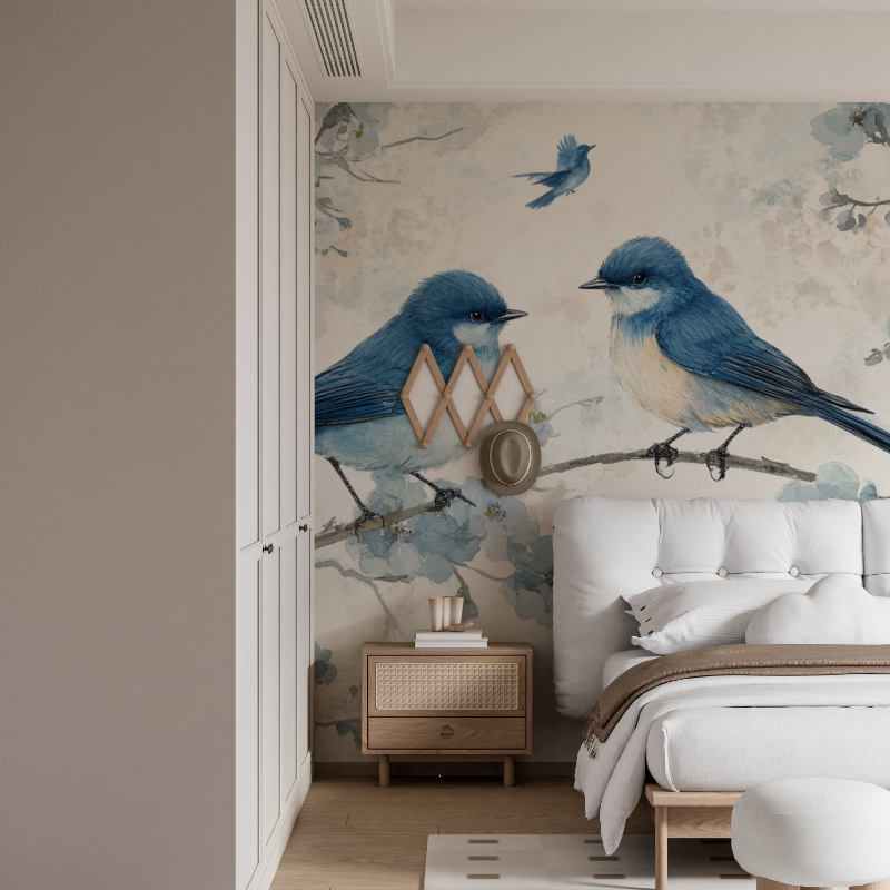 Papier peint aquarelle oiseaux ... sur branche fleurie mural