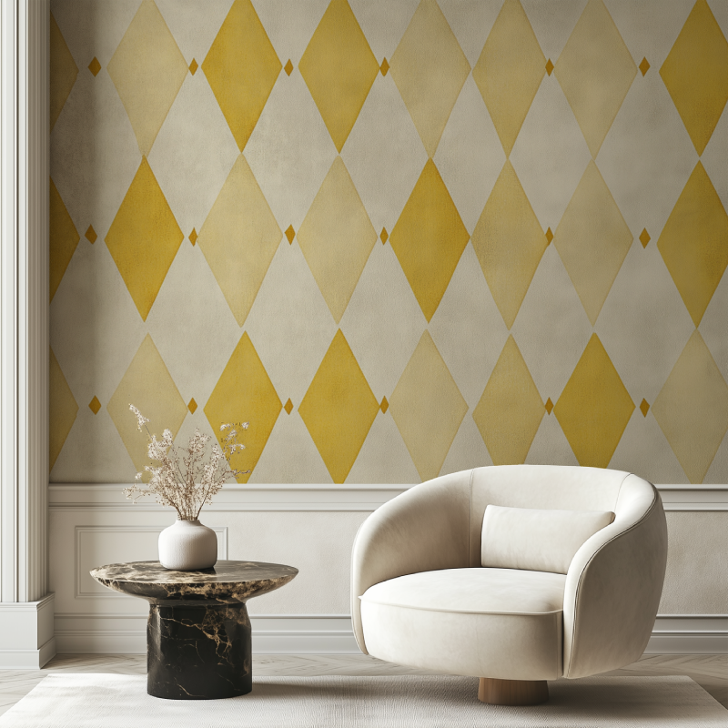 Papier peint vintage jaune losange chaise tendance