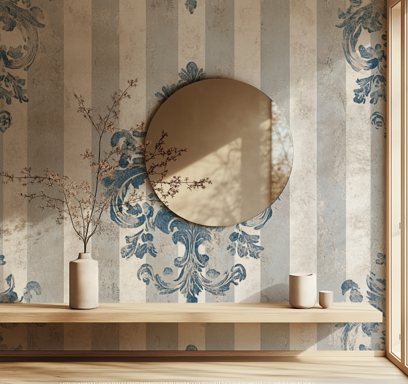 Papier peint vintage rayures gris bleu perle miroir