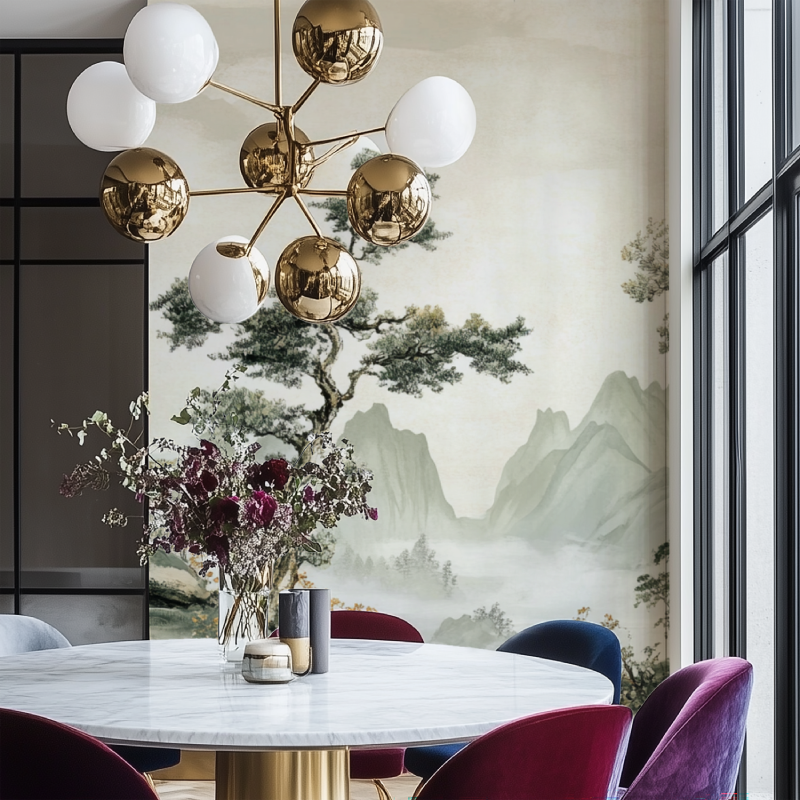 Papier peint arbre chinois salon chaise