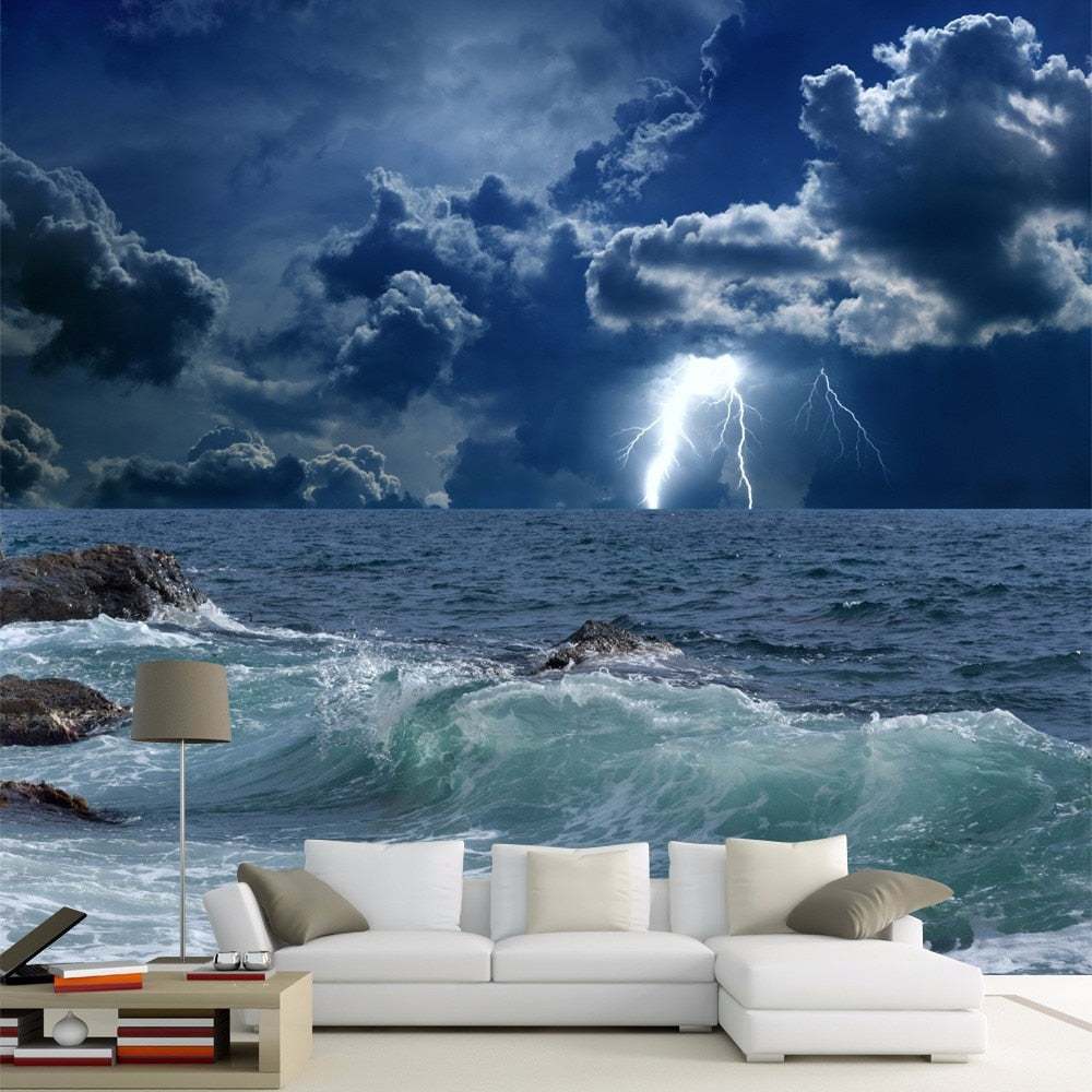 Custom Photo Wallpaper 3D Ocean Waves Lightning Dark Cloud