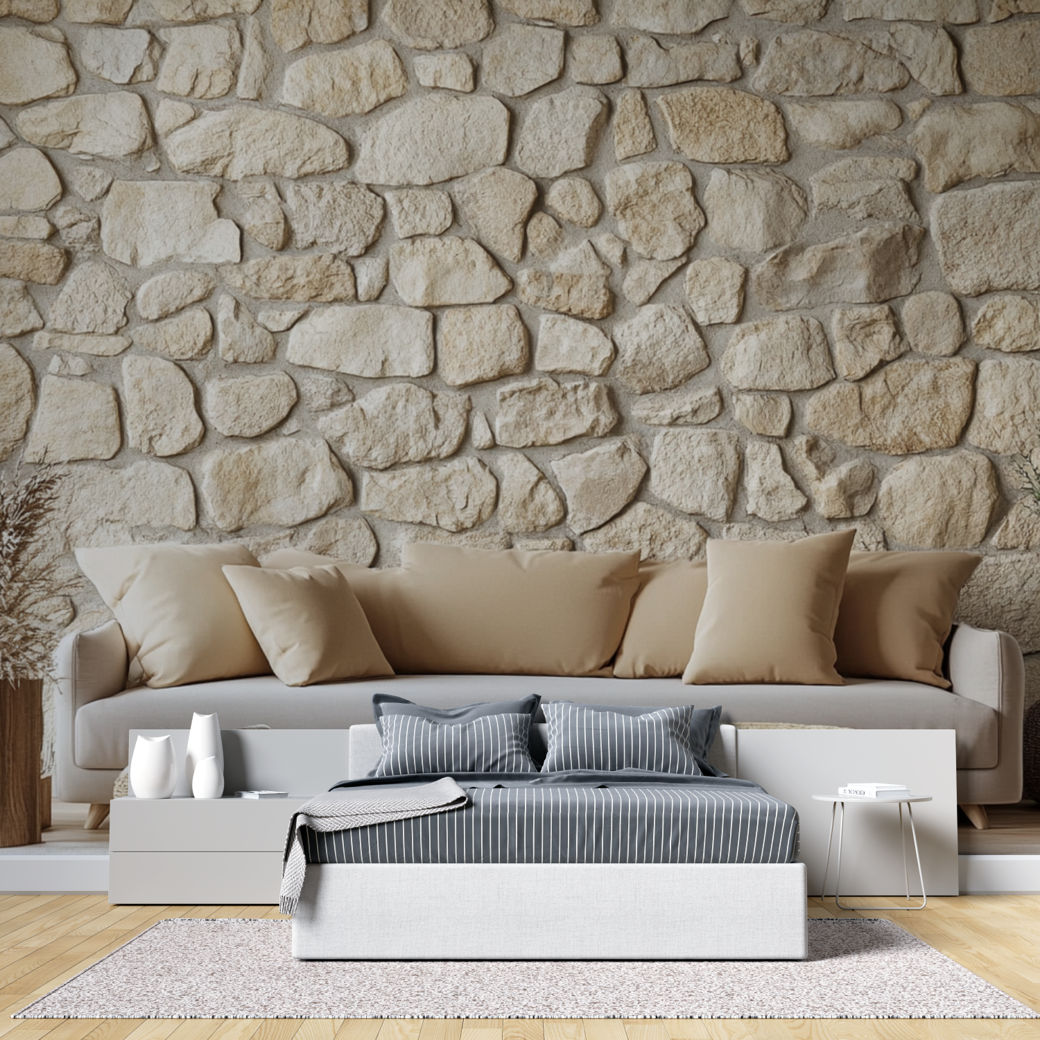 Papier peint pierre trompe l oeil tete de lit