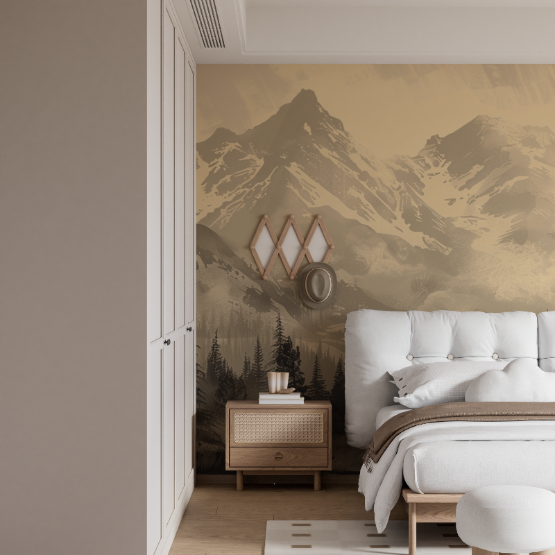 Papier peint sapin et montagne vintage sepia mural