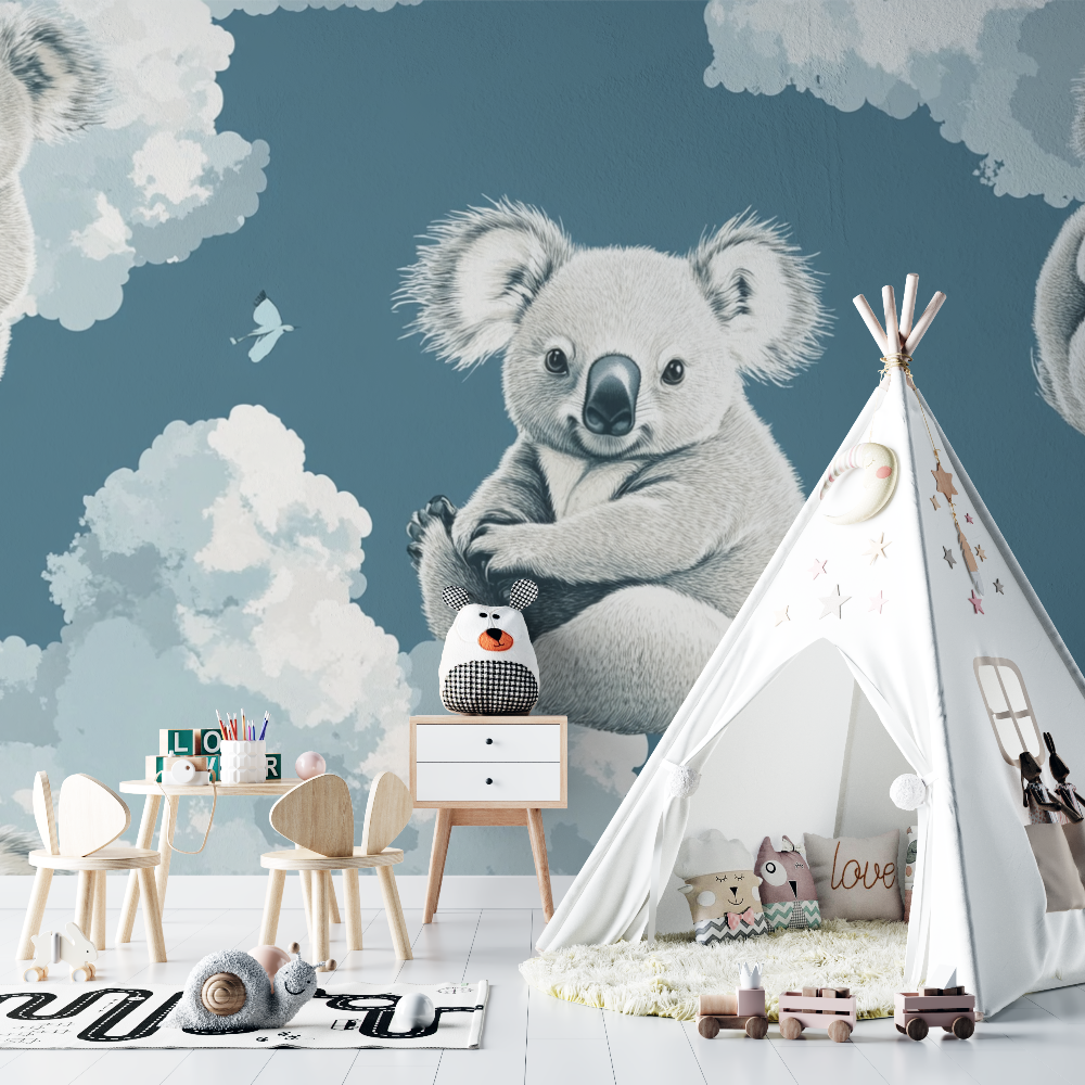 Papier peint koala cache dans un nuage chambre bebe
