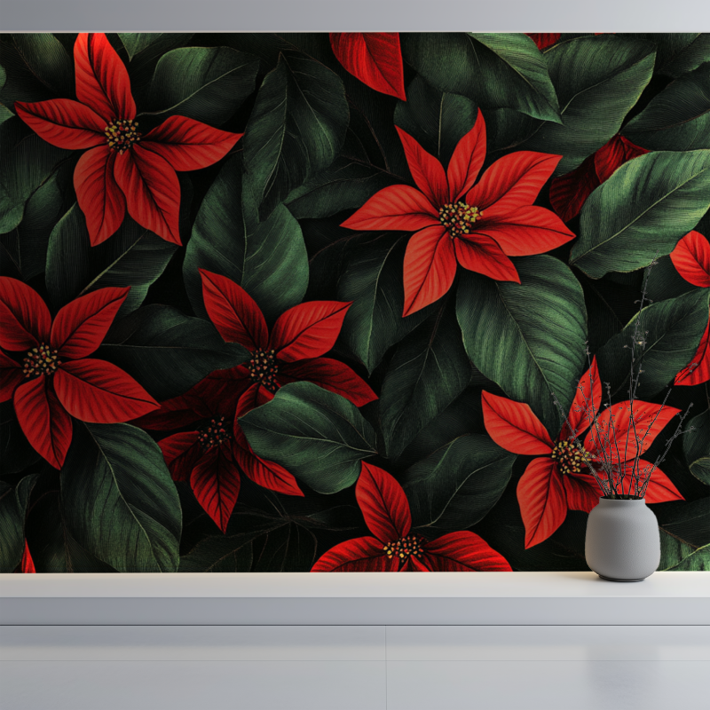 Papier peint fleur rouge mur blanc