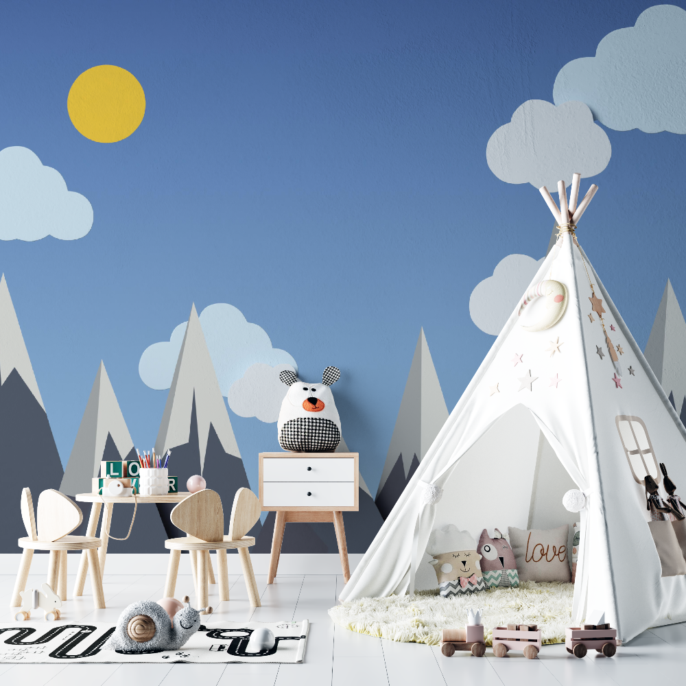 Papier Peint Montagnes Bleu Bébé - chambre de bebe