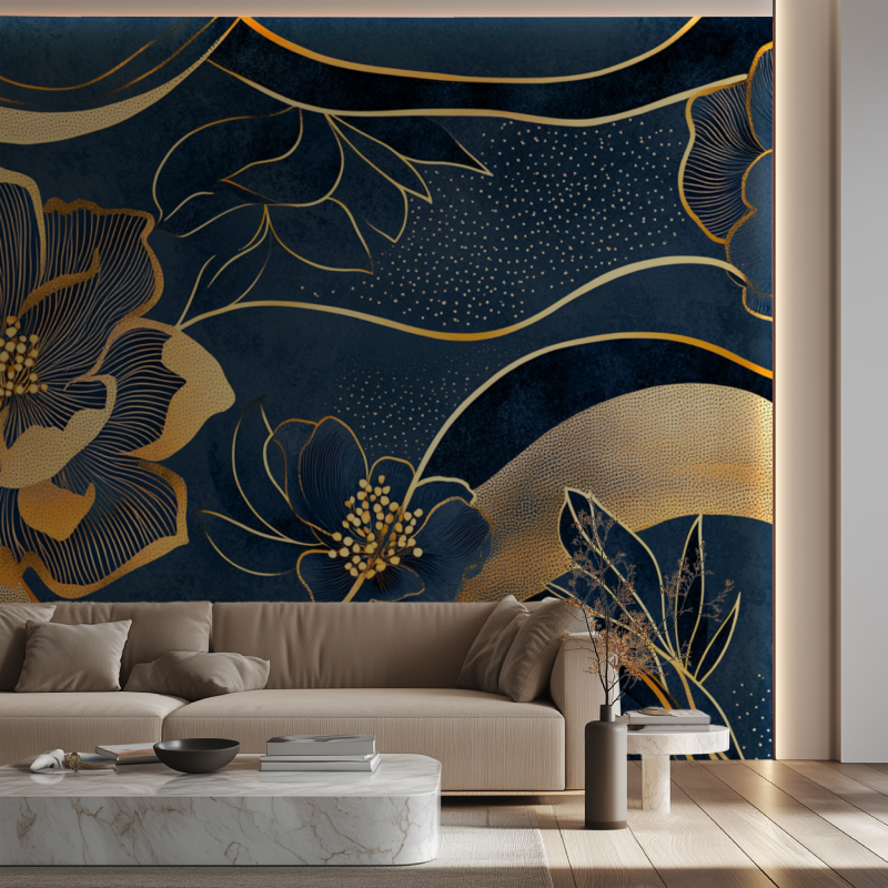 Papier peint fleur graphique deco bleu canape neon