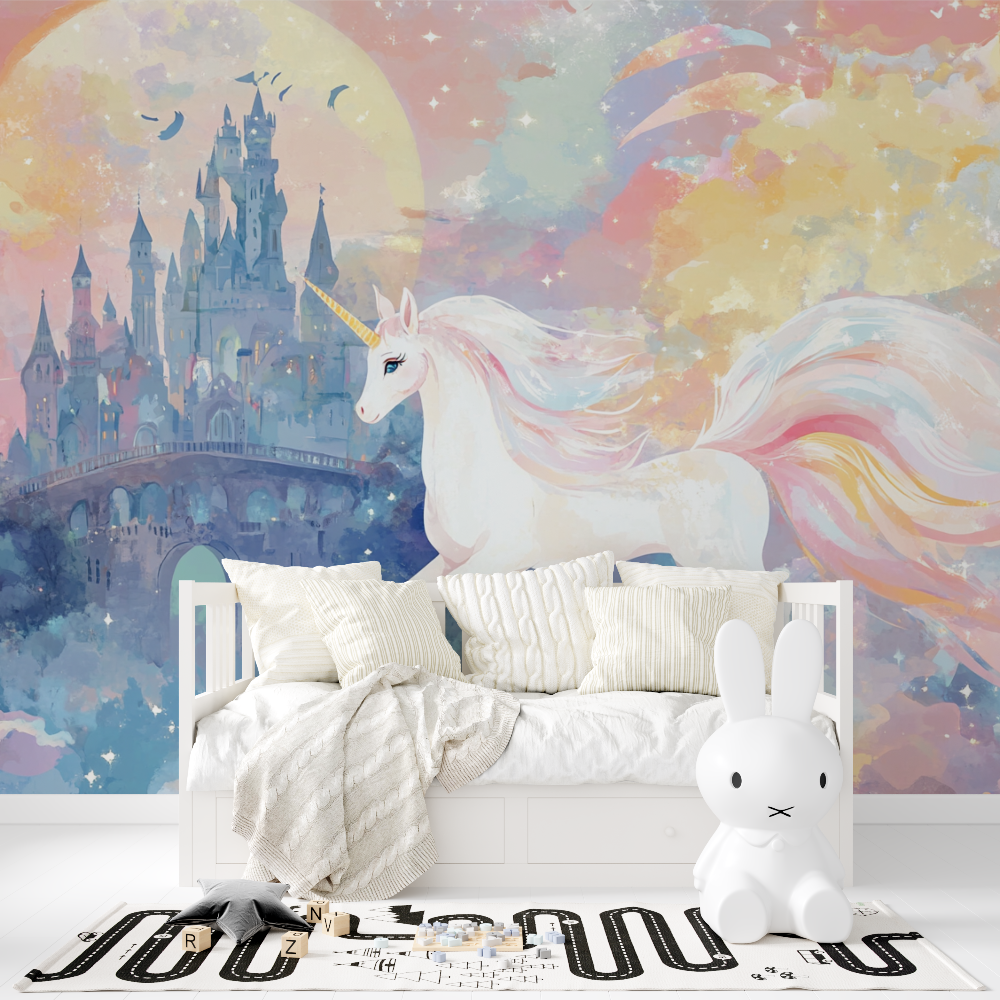 Papier peint licorne chateau et arc en ciel tapisserie fille