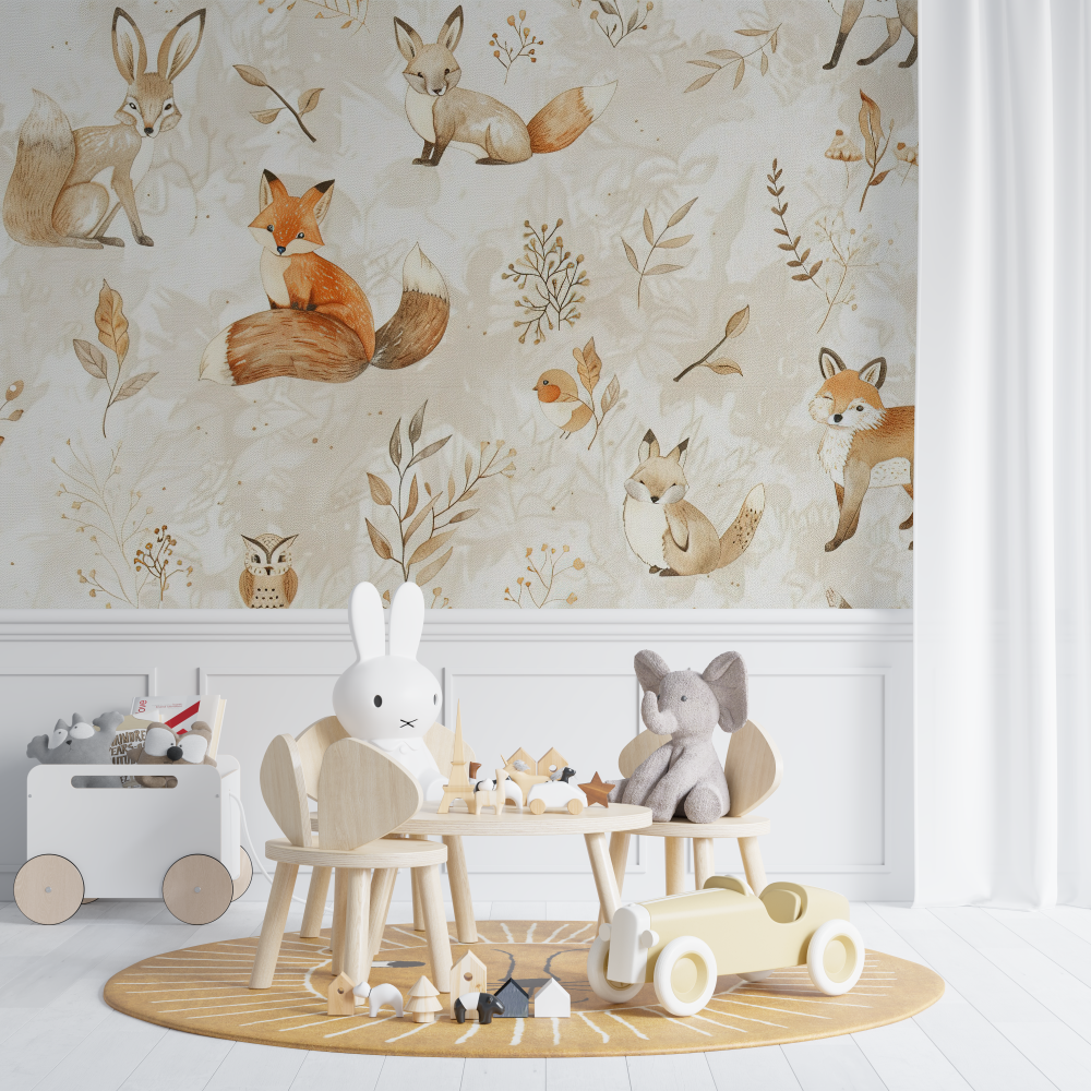 Papier peint renard amis foret beige chambre de bebe