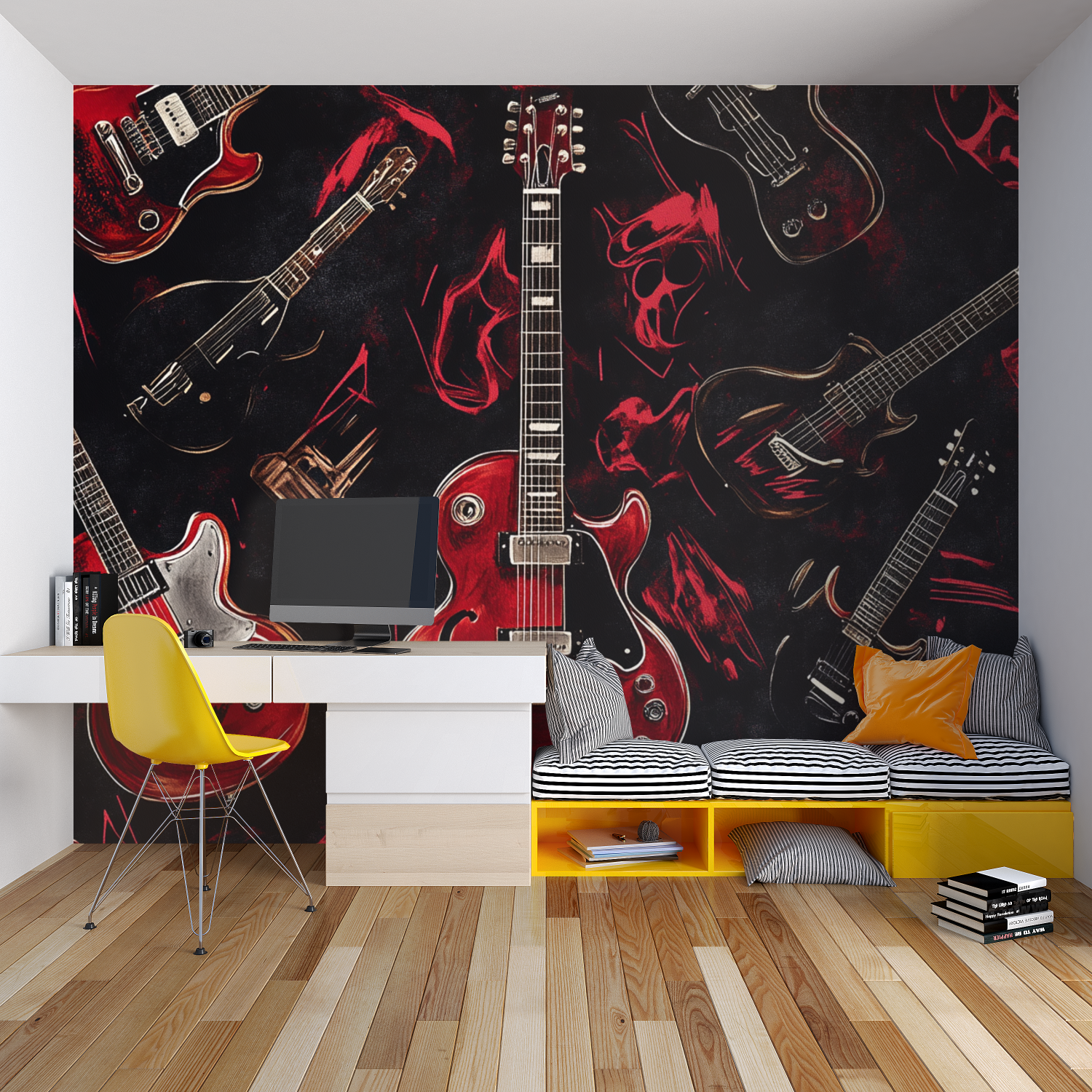 Papier peint guitare rouge chambre garcon lit