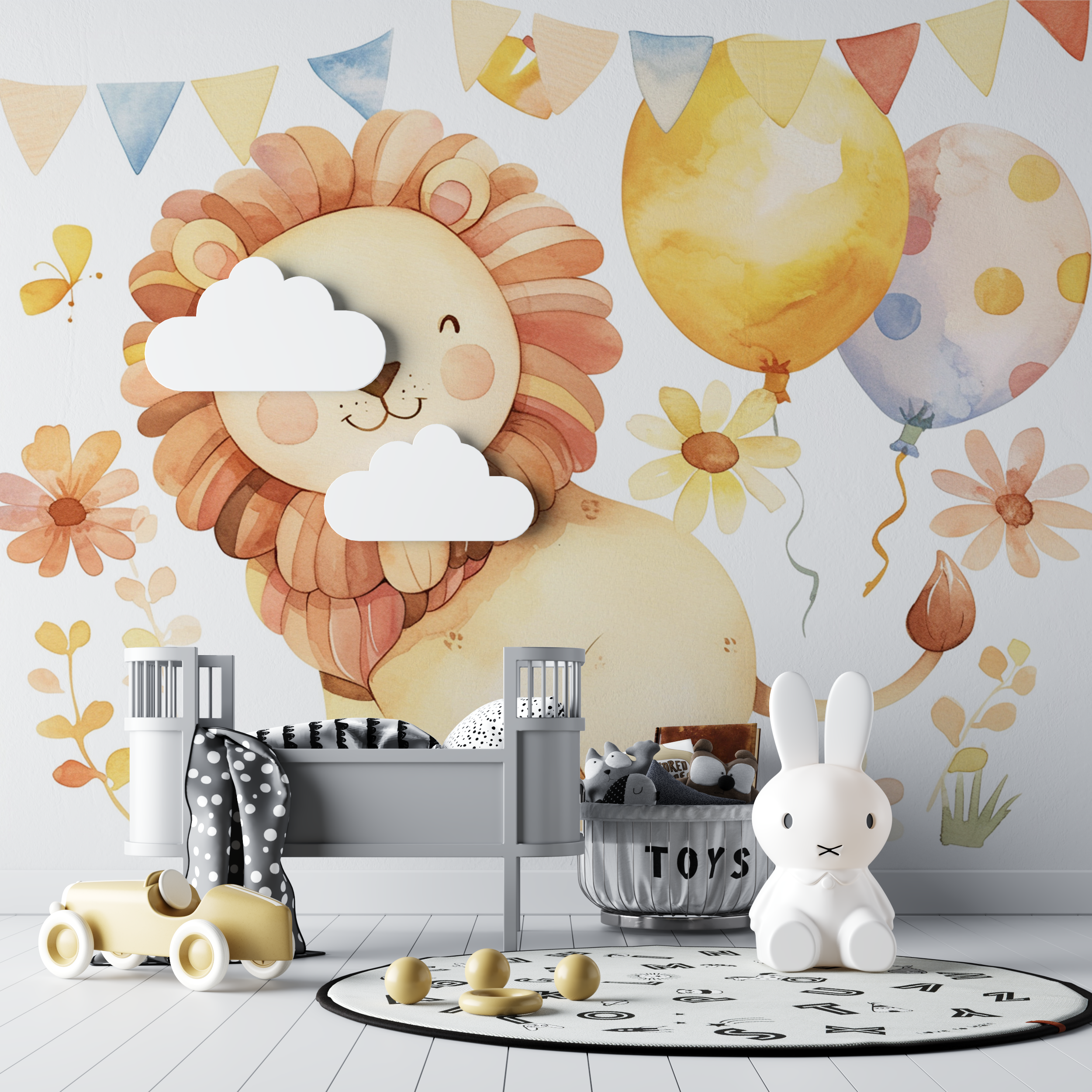 Papier peint lion et ballons colores bebe tipi