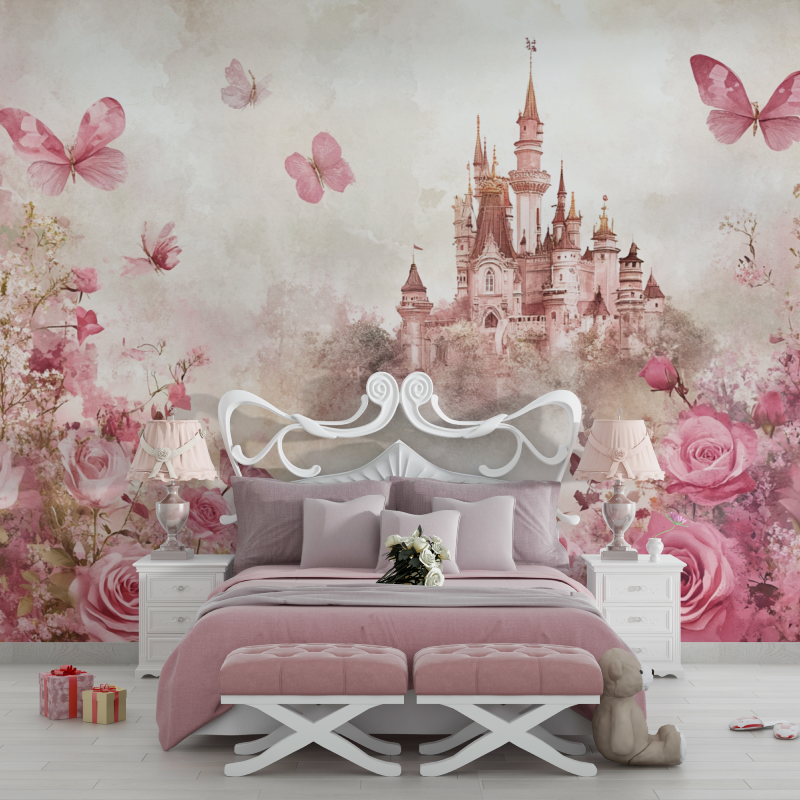 Papier peint princesse chateau et fleurs chambre filles