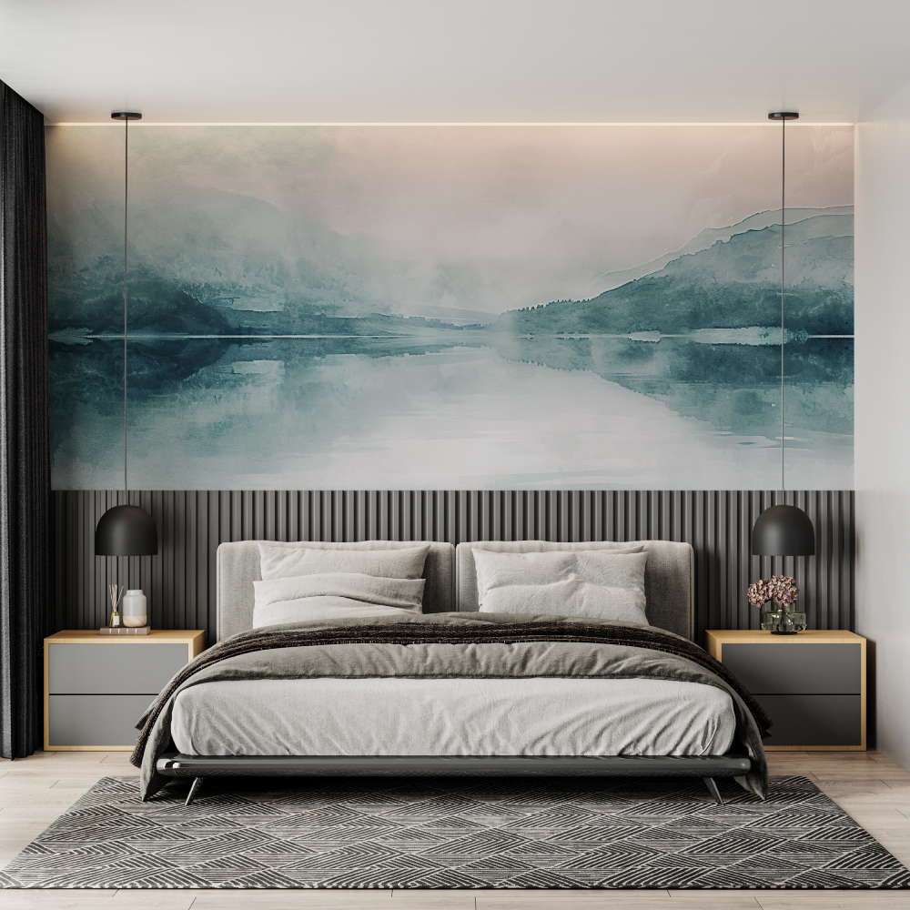 Papier peint aquarelle lac brumeux chambre adulte