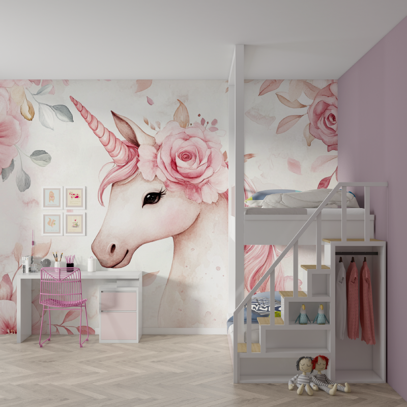 Papier peint theme licorne roya...eur rose mur chambre fille