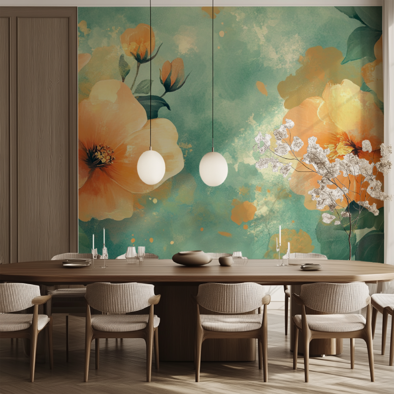 Papier peint fleur verte salle manger tendance