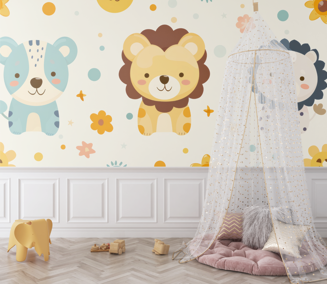 Papier peint lion et motifs abstraits bebe