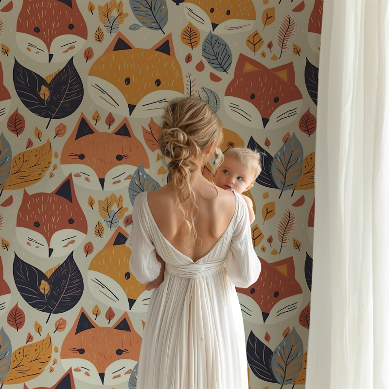 Papier peint renard et motifs colores bb123