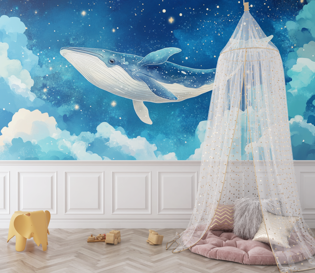 Papier peint marin deco murale baleine et ciel etoile bebe